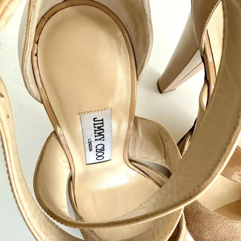 JIMMY CHOO Patent Leather Suede Platform Ankle Strap Sandals in Nude Size US 9